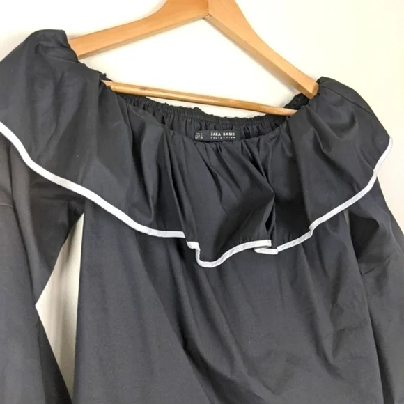 Zara Women's Off The Shoulder Poplin Ruffle Angel Sleeve Top S Black/White - Picture 4 of 6